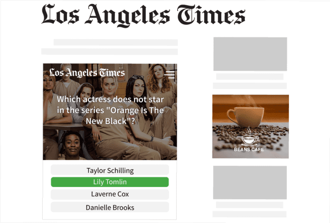 Insticator widget embedded in LA Times website quizzing users on actress trivia.